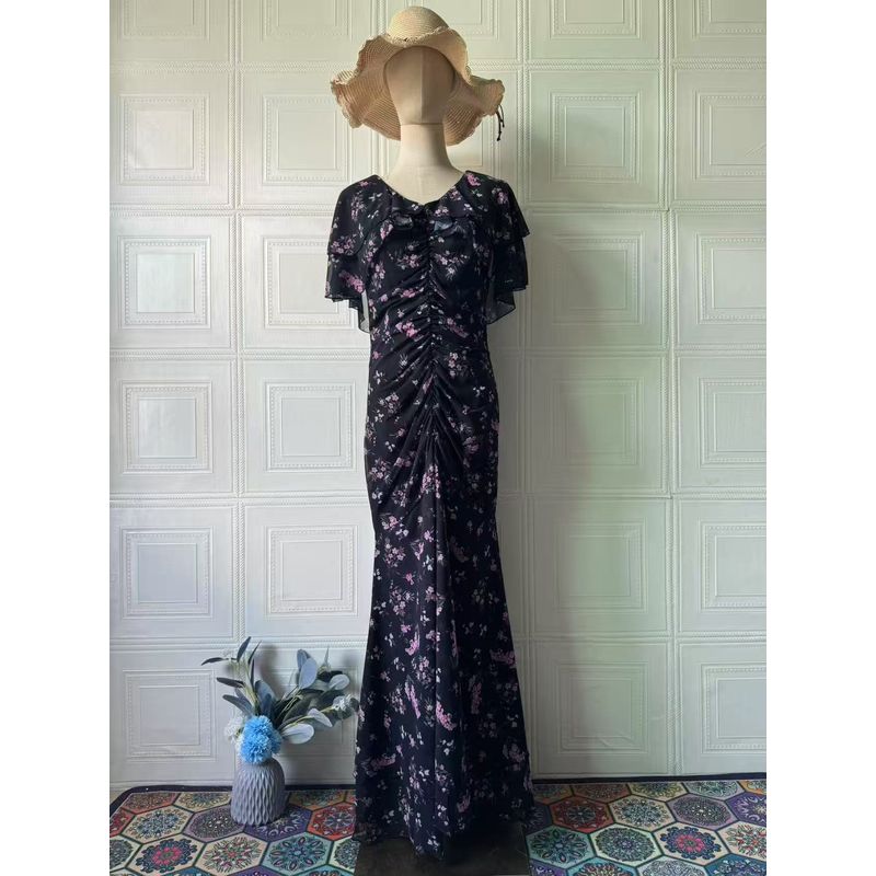 

Модный стиль Новое поступление Модный темперамент Платье с принтом с коротким рукавом Воланы Приталенное Длинное платье Платье с принтом Black 2XL