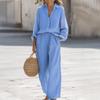 Women's Casual Two Piece Outfit Long Sleeve Button Down T Shirt And Wide Leg Pants Set Fall Spring Lounge Set