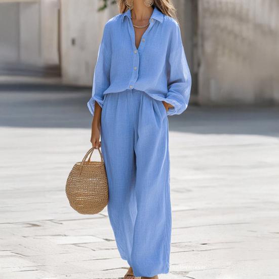 Women's Casual Two Piece Outfit Long Sleeve Button Down T Shirt And Wide Leg Pants Set Fall Spring Lounge Set