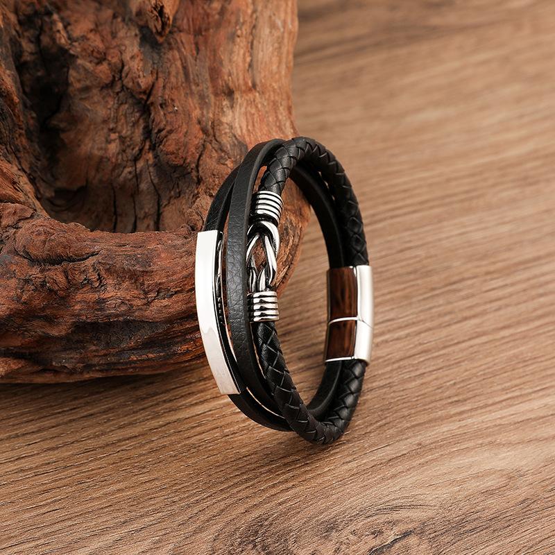 Stylish Stainless Steel Leather Bracelet, Multi-layer Woven Leather Rope Bracelet Bracelet Jewelry