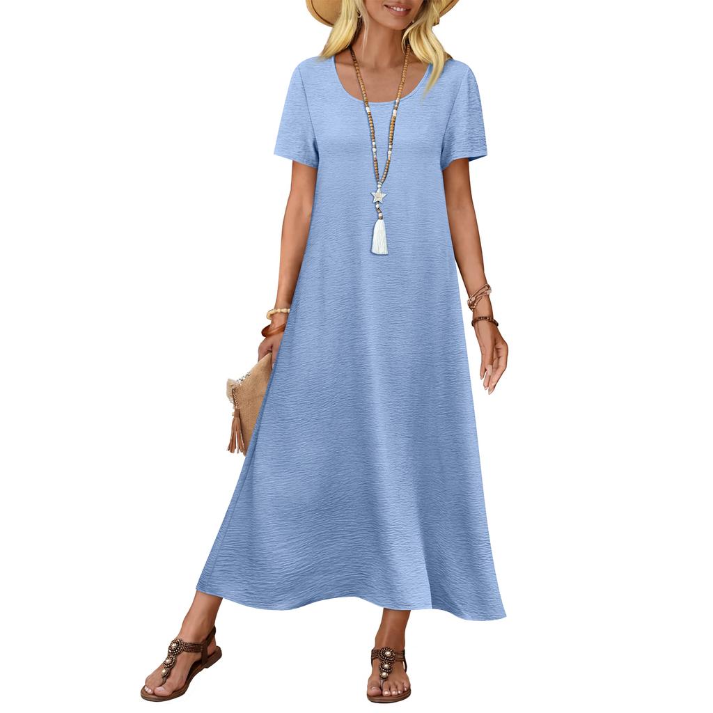 Women’s Long Maxi Dress Short Sleeve Flowy Lightweight Casual Summer Beach Vacation Style Dress with Pockets Loose Fit