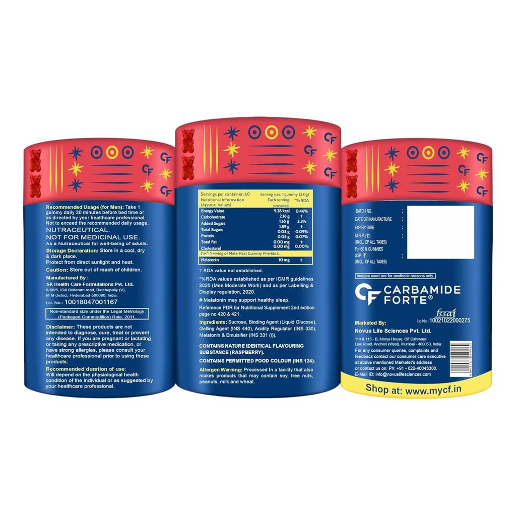 Carbamide Forte 10 mg Melatonin Gummibärchen für Tiefschlaf | Schlafmittel für Männer und Frauen | 60 Vegane zuckerfreie Gummibärchen