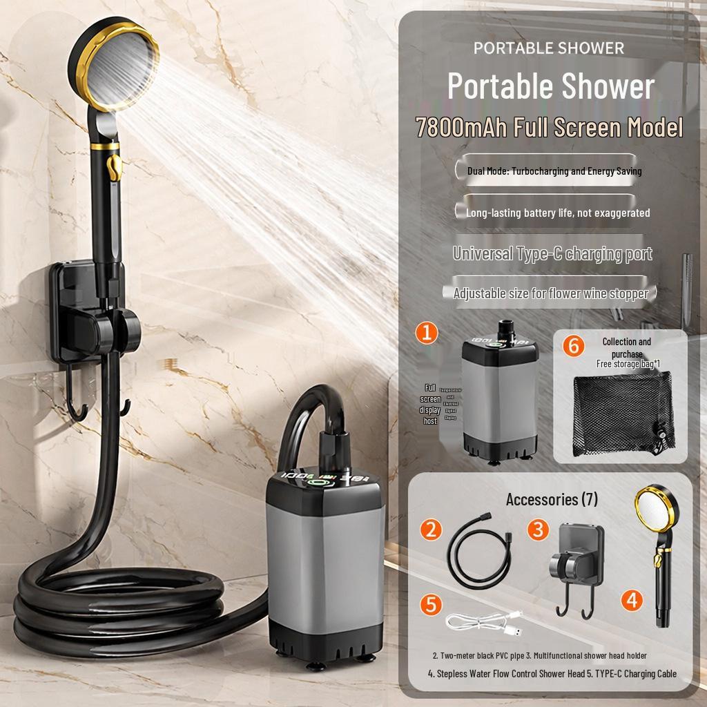 Electric Camping Shower Set with Rechargeable Pump and Water Bag.