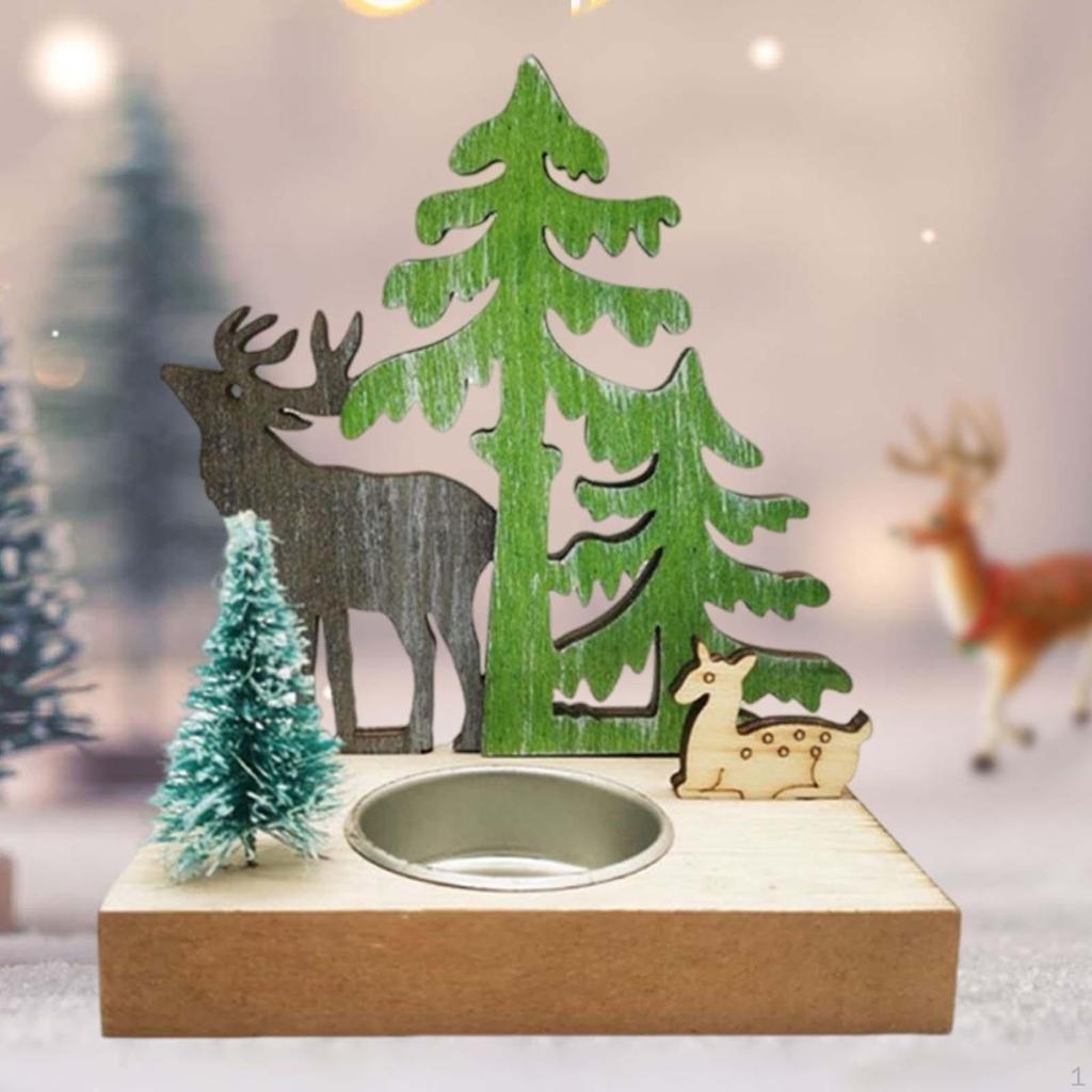 Christmas Reindeer and Trees Candle Holder Wooden Structure Multipurpose 4x2.6x4.7inch Xmas