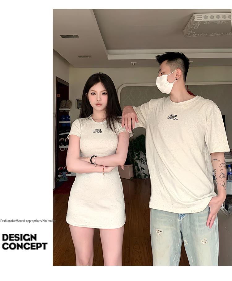 Summer Slim Couple Outfits: Embroidered French Wrap Dress & Skirt Set