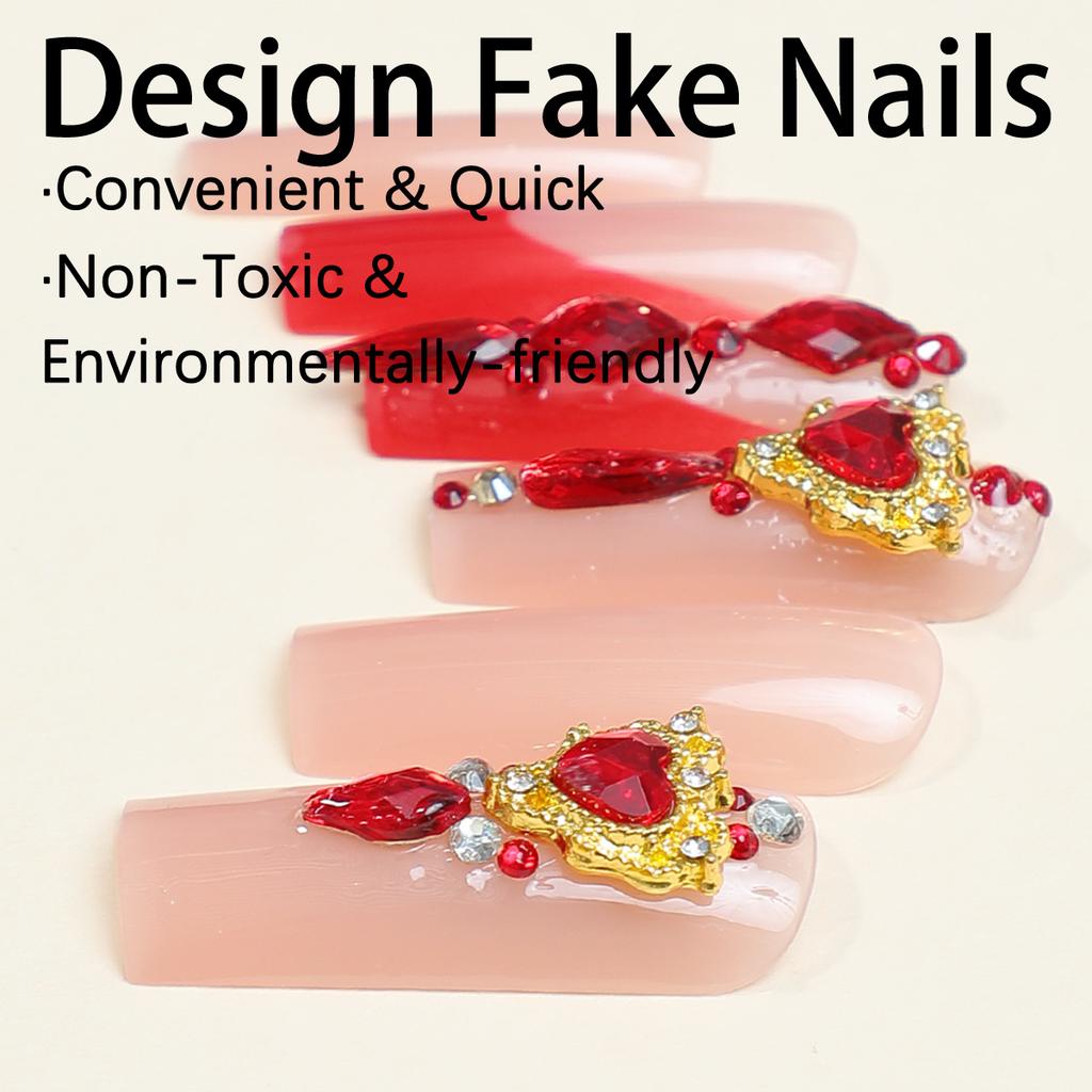 Popular long tube-shaped press-on nails, French light luxury ruby fake nails, detachable manicure nail pieces