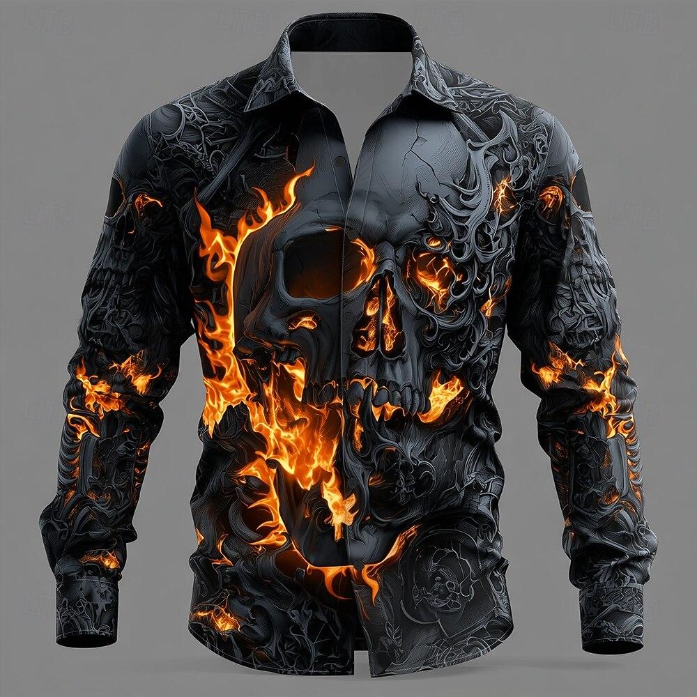 Halloween Men's Skull Flame Halloween Costumes Shirt Button Up Shirt Long Sleeve Shirt Gothic Style Tops Fall Winter