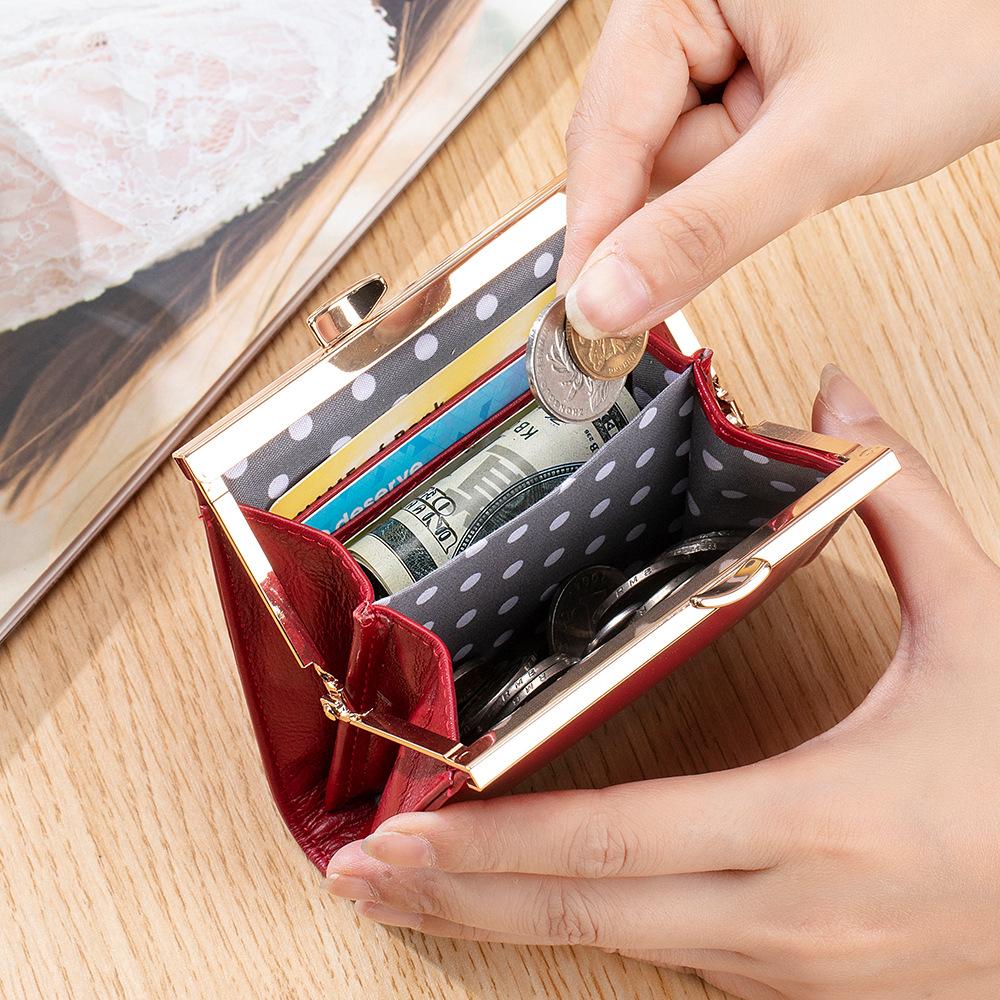 New first layer oil wax cowhide retro clip buckle change bag women's ID card clip business card bag multi-card card bag