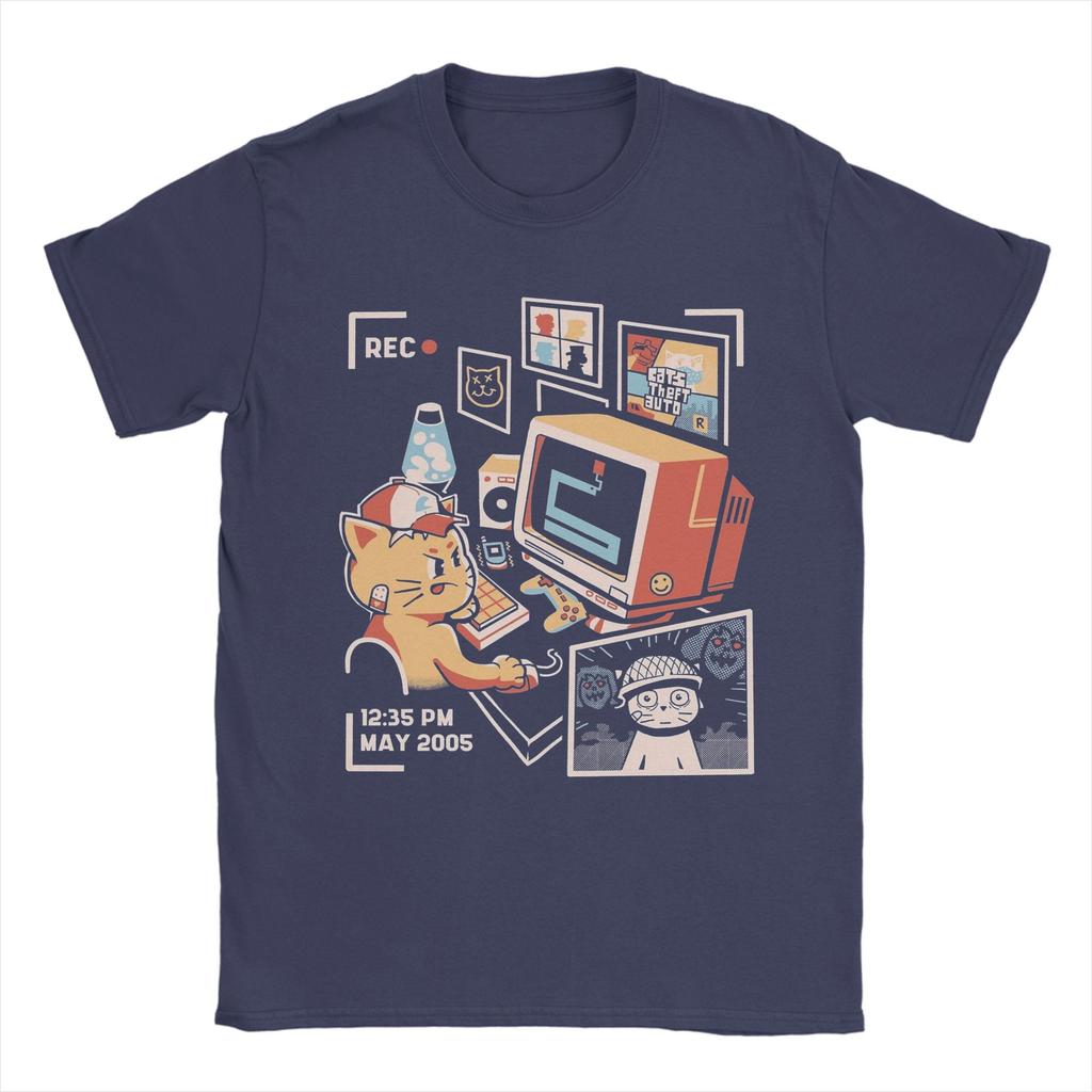 Cat Playing Computer Games T Shirt Men's 100% Cotton Funny T-Shirts Crew Neck Tees Short Sleeve Clothing Plus Size