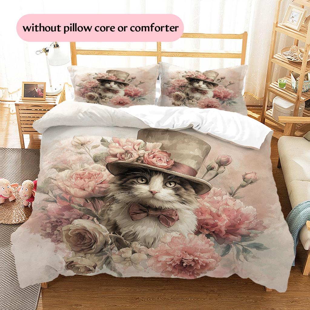 Set Copripiumino Trapuntato con Fantasia Gatto con Cappello Vintage Decorazione per la Casa Regalo (1 * copripiumino + 2 * federa, senza nucleo)