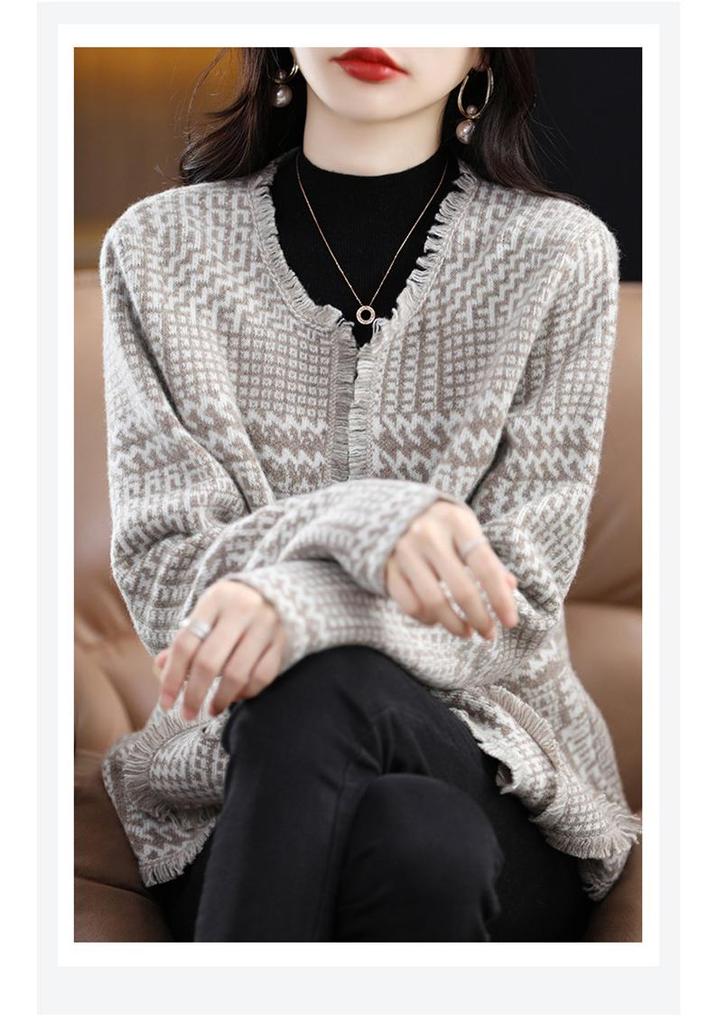Women's French Chic Wool Houndstooth Cardigan - Autumn/Winter Thick Knit Tassel Coat