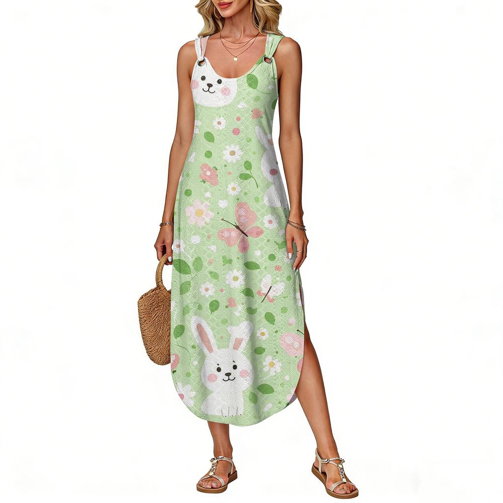 Women's Summer Long Dress, Sleeveless With Side Slit, Long Easter Printed Vest Dress