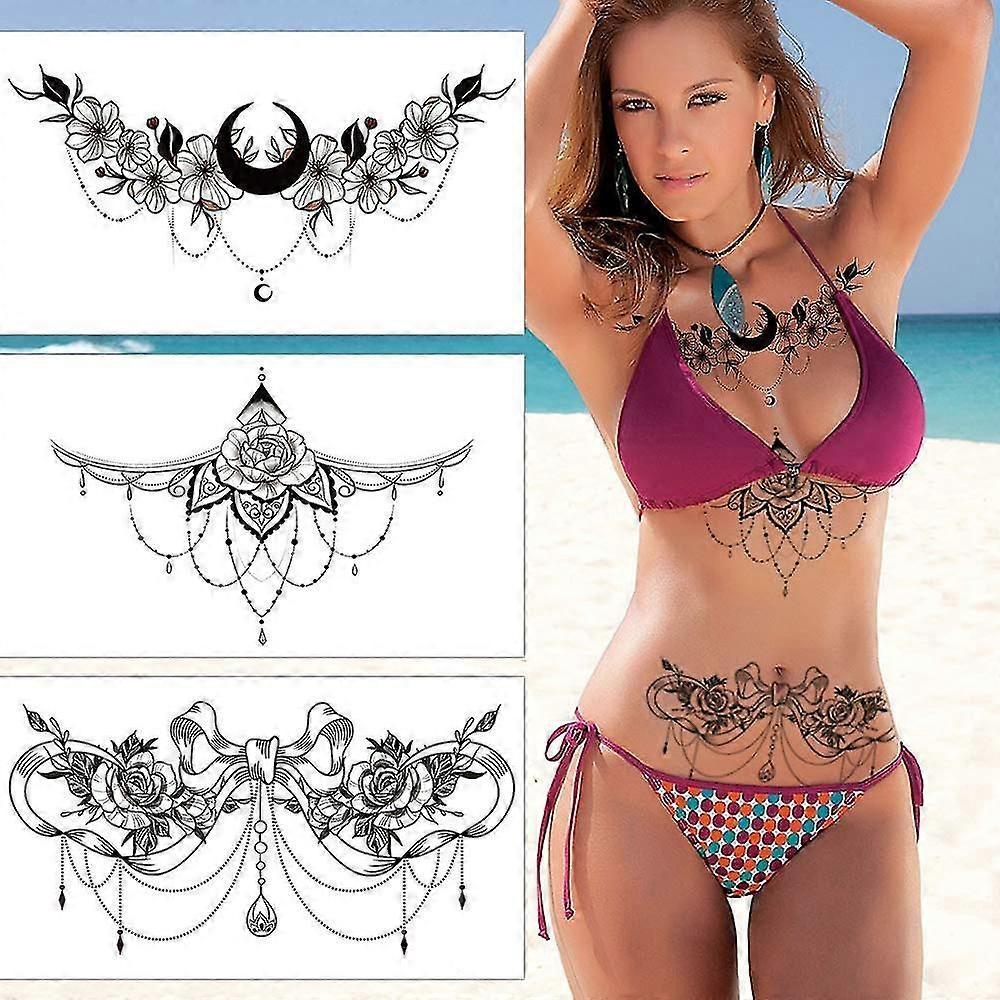 6 Sheets Black Underboob Tattoo For Women, Flower Moon Bowknot Rose Designs Temporary Tattoo Stickers On Chest Waist