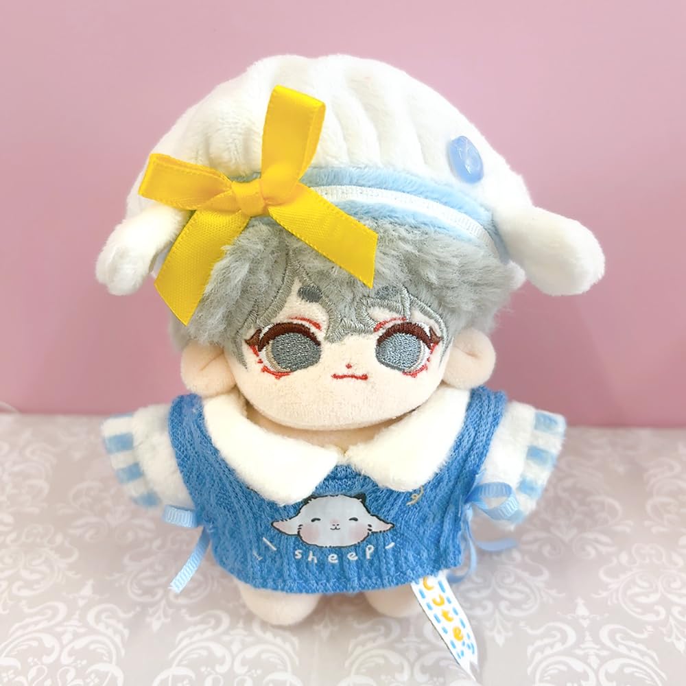 Eared Beret, Shirt, and Vest Set (Blue) for 10cm Plush Toy, Kigurumi Accessories, Otaku Activities, Doll Mascot, Kpopdoll Costume [Used]