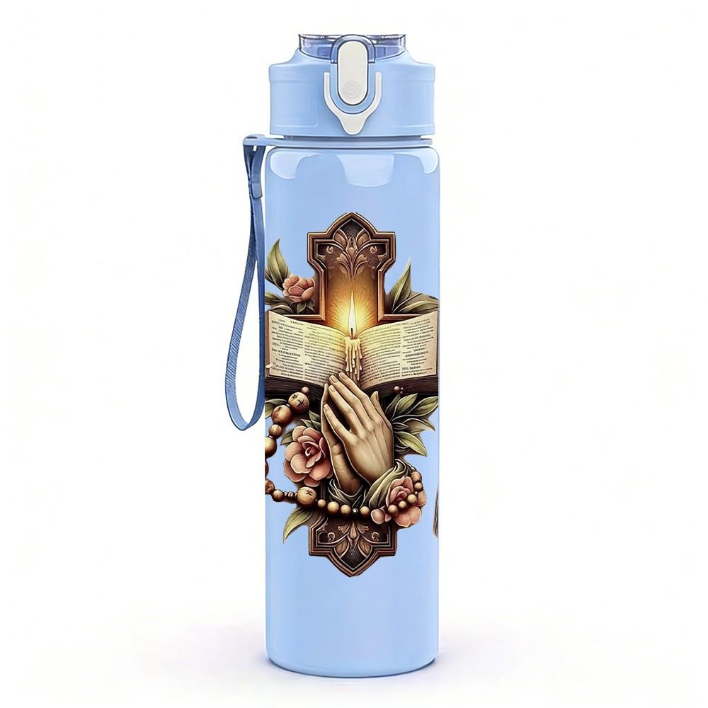 1PC Christian Cross Vintage Floral Art 750ml Color Plastic Sports Water Bottle Leakproof Flip Straw Lid Suitable for Sports Office Home Use