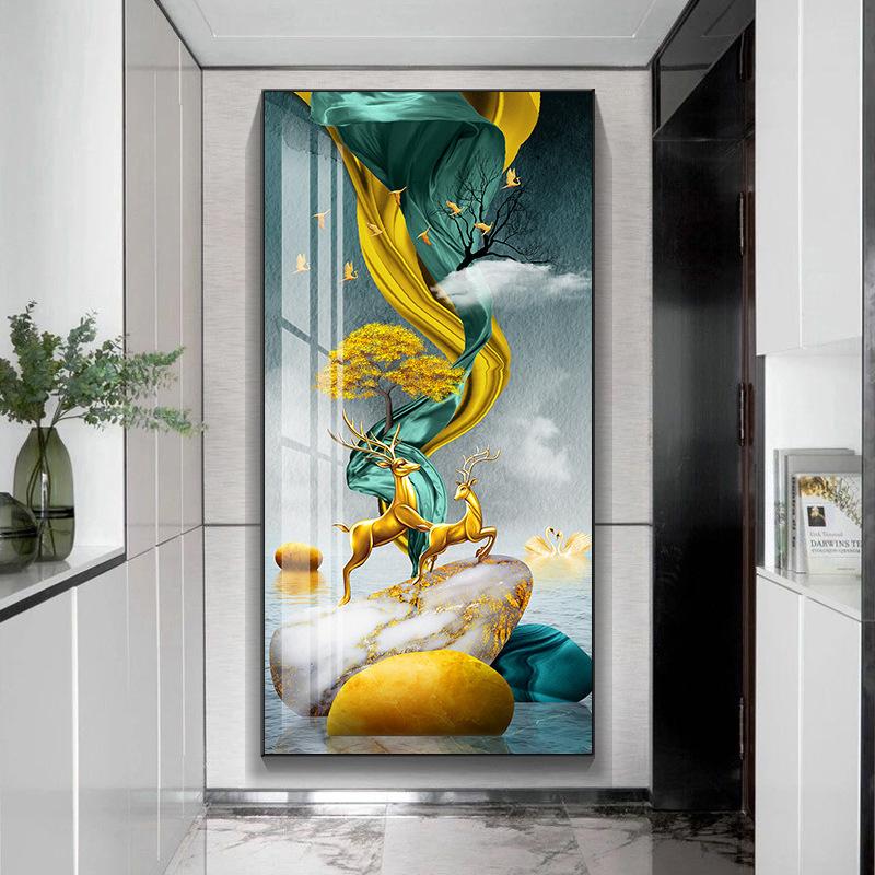 Modern Golden Rich Tree Canvas Painting Wall Art New Chinese Gold Deer Zen Stone Posters for Porch Wall Decoration Room Decor