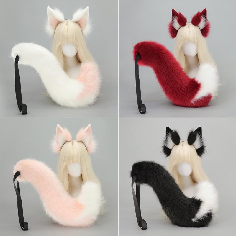 Wolf Foxes Tail Foxes Ears Headband Faux Furs Animal Tail Halloween Christmas Fancy Party Costume Gift for Women Men