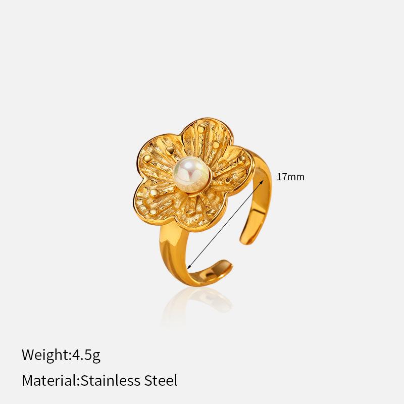 Chenhe's new titanium steel open imitation pearl ring, European and American style smooth surface ball special-shaped personalized plated 18K gold