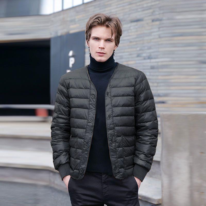 2025 down jacket men's short slim fit thickened warm and thin collarless V-neck white duck down liner jacket cotton jacket