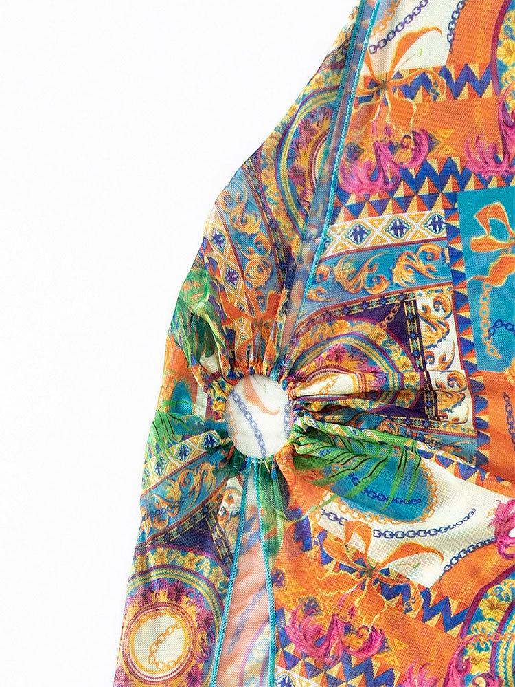 2025 European-American Bohemian Print One-Shoulder Beach Bikini Swimsuit Set for Women