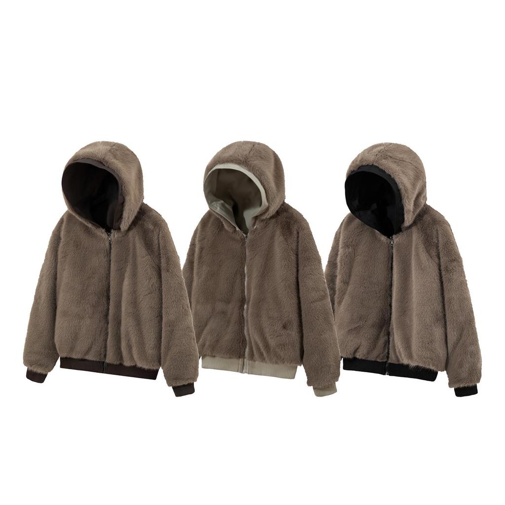 Unisex Reversible Hooded Fleece-Lined Cotton Jacket—Thick, Solid Color, Double-Sided Outerwear for Winter