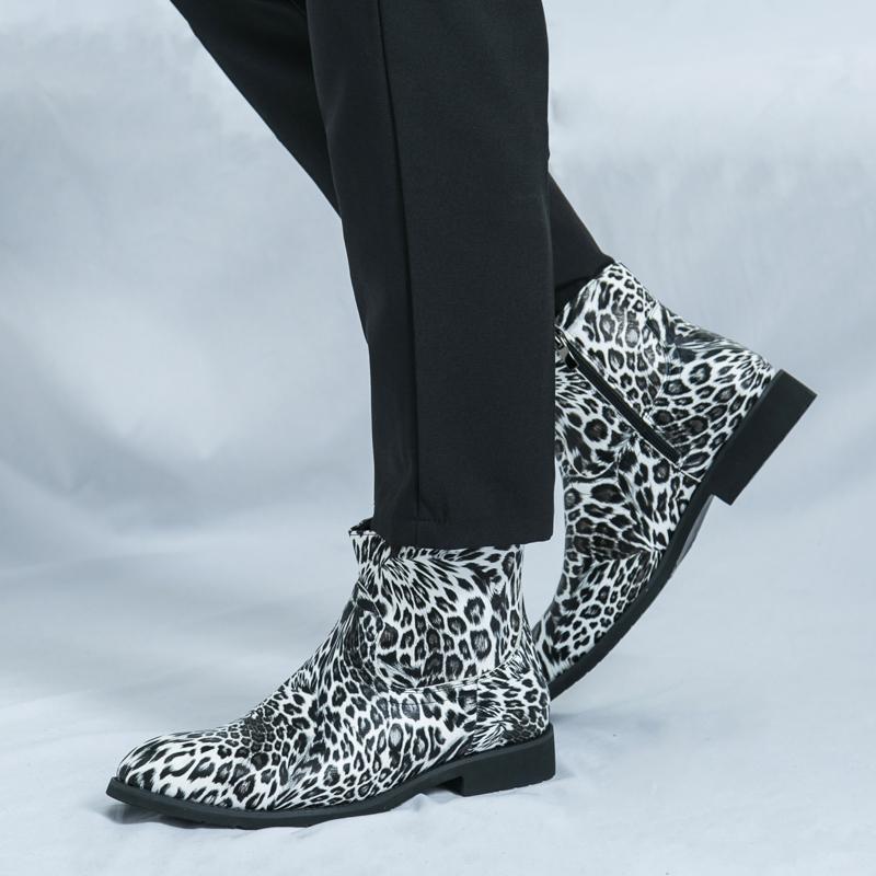 Men’s Leopard Print Boots Dress Formal Leather Boots Pointed Toe Shoes Tuxedo Wedding Shoes Plus Size