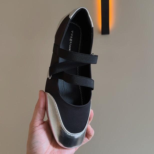 Flat Shoes Women'S Square Head Season Shallow Mouth Mary Jane Ballet Shoes Elastic Silver Soft Sole Single Shoes
