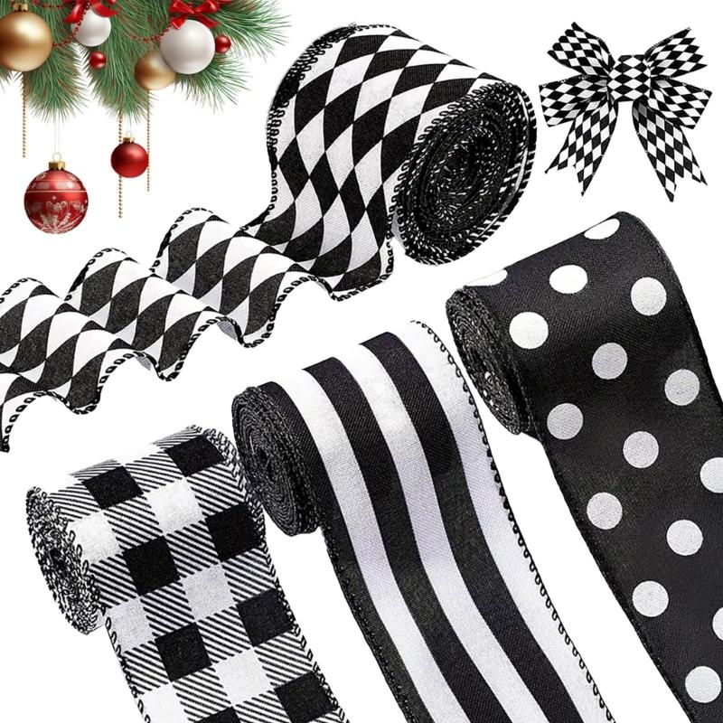Durable Polyester Christmas Ribbon Strips For DIY Crafts Gift Packaging Tree Decorations Classical Black White Design