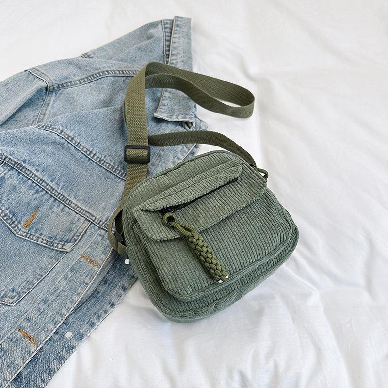 Corduroy Crossbody Bag for Women Casual Shoulder Messenger Bag Small Square Purse with Front Flap Pocket Adjustable Strap Lightweight Daily Handbag