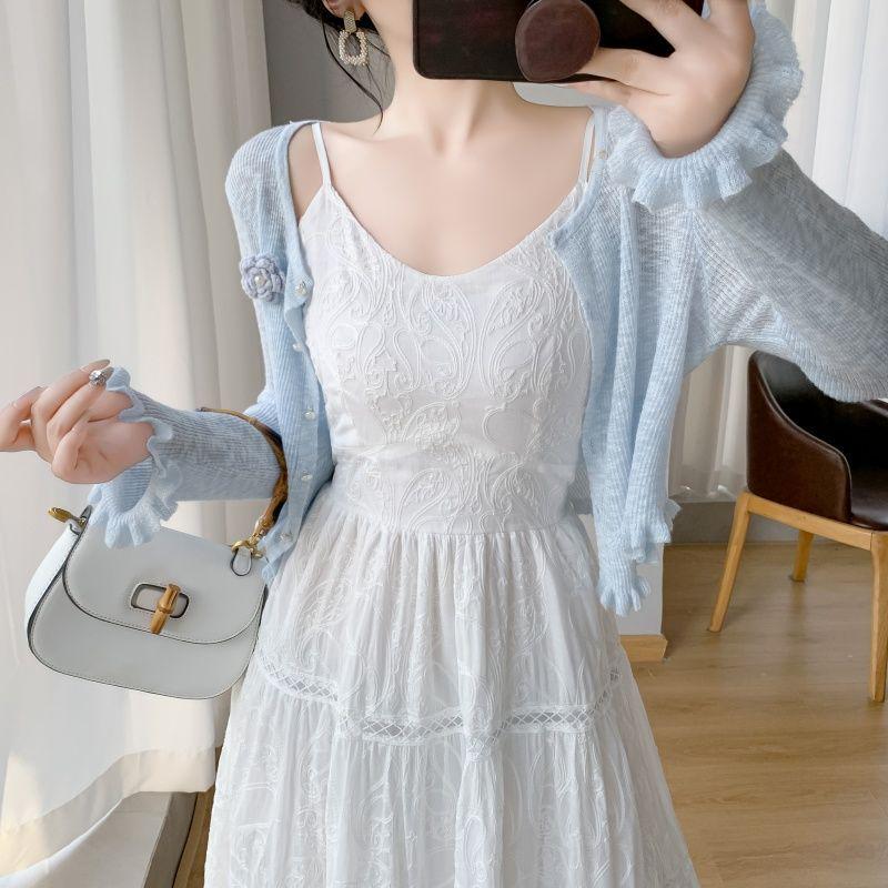 

Women s 2026 Summer Strappy White Dress & Waist-Cinched Skirt Two-Piece with Heavy Embroidery S 80-95 jin