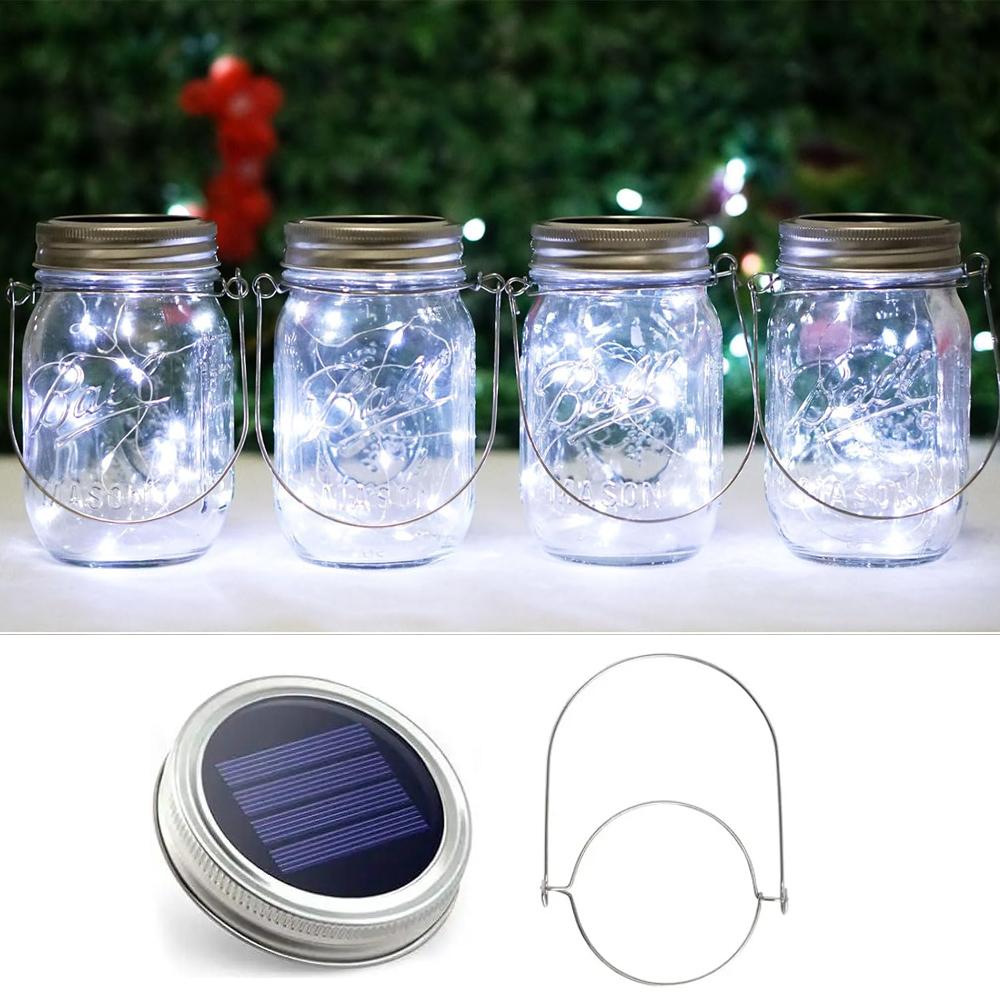 Solar Mason Jar Lid Light 20 Leds Fairy String Lights with Handles for Garden Hanging Lantern Patio Wedding Party (No Jar)