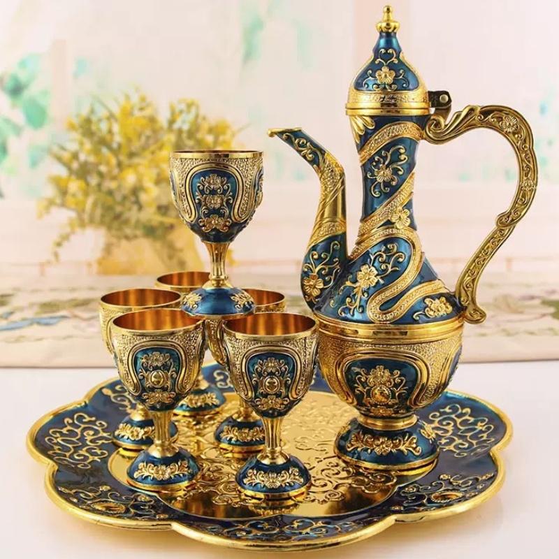 Evropská sada vína, Slitina Domácí vinný džbán Sada sklenic na víno, Zlatá Vintage sklenice na víno, Starý vinný džbán Domácí dekorace obývacího pokoje,1Sada