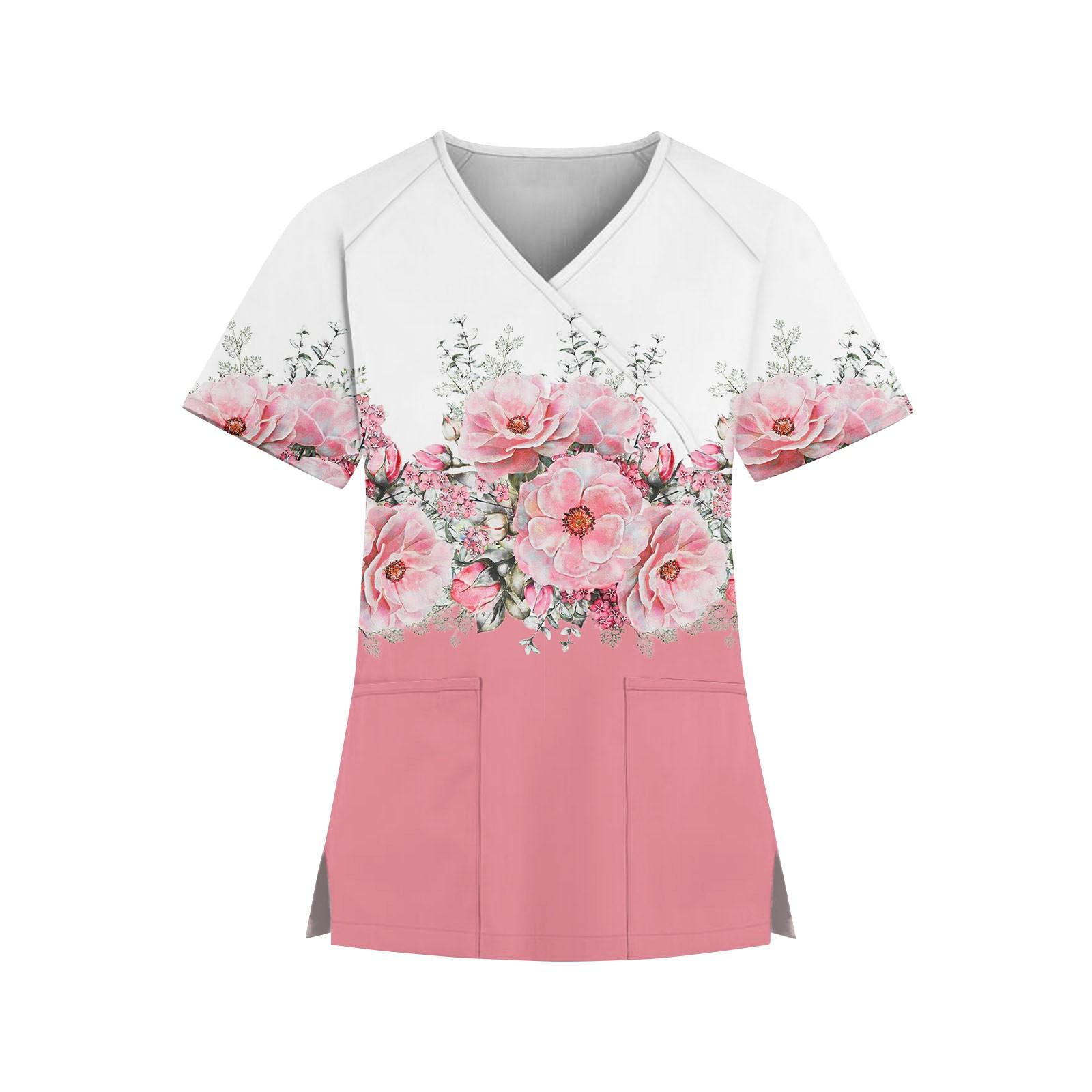 

Жіночий модний робочий одяг з V-подібним вирізом і квітковим принтом з короткими рукавами та кишенями XL рожевий