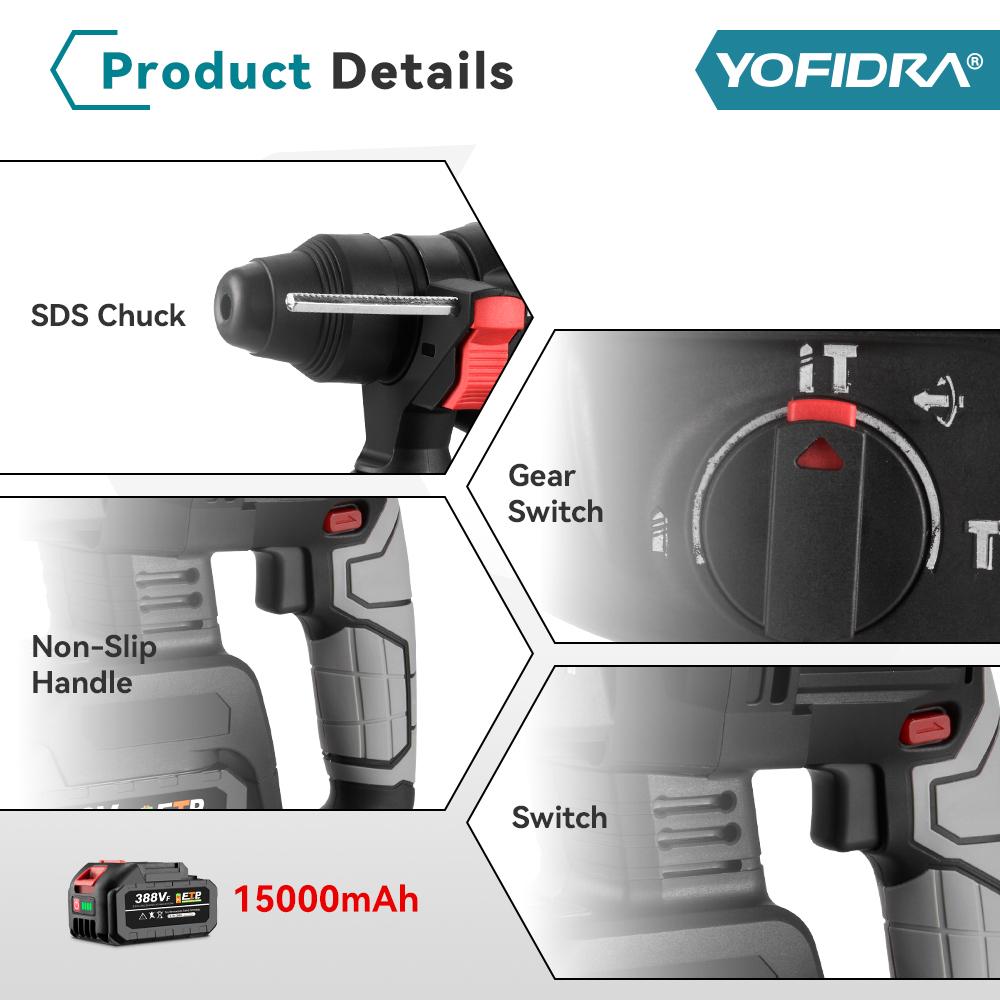 Yofidra 26MM Brushless Electric Hammer Electric Pick Impact Drill Multi-function Cordless Rotary Tool Fit For Makita 18V Battery Pin
