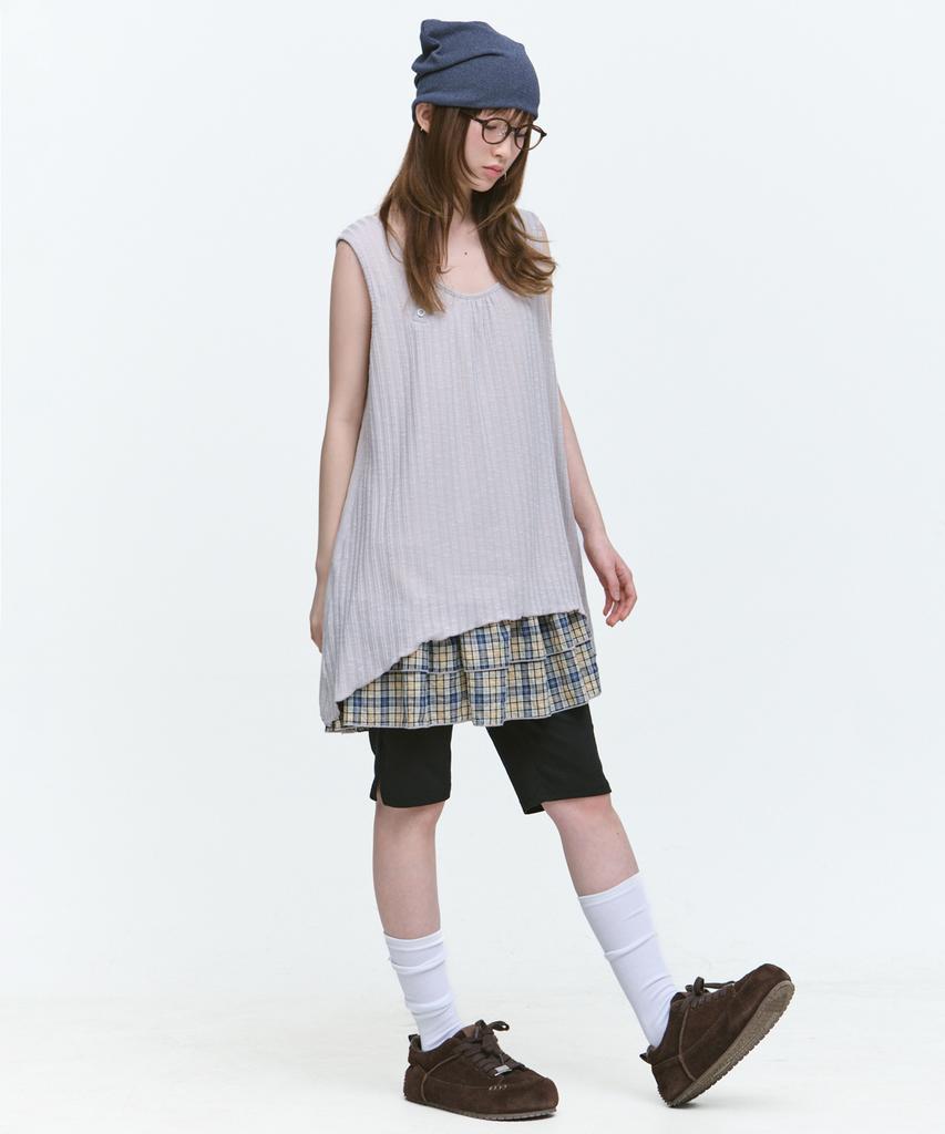 Some Place Check Layered Flower Snap Point Shirred Sleeveless Mini Flare Dress [Pink]