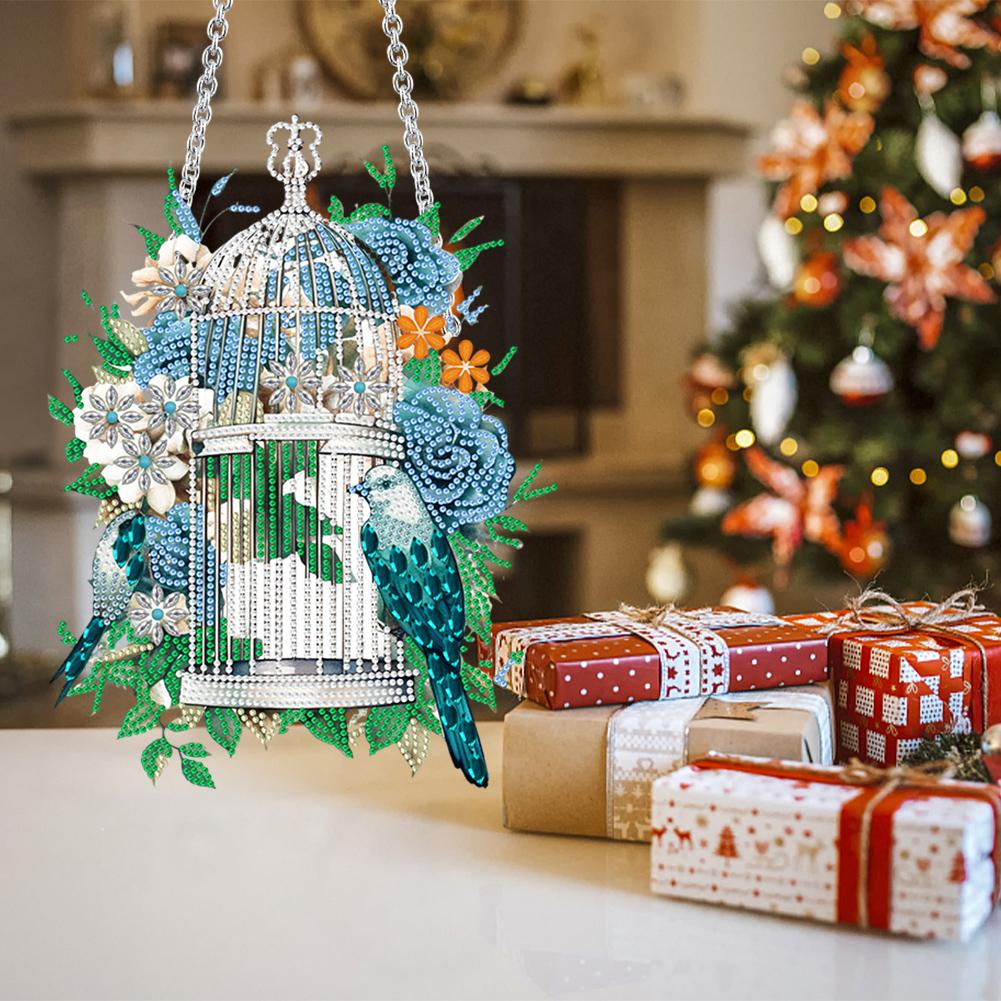 Acrylic Diamond Art Hanging Pendant Flower Birdcage Diamond Painting Home Decor Crystal Painting Ornament for Home Wall Decor