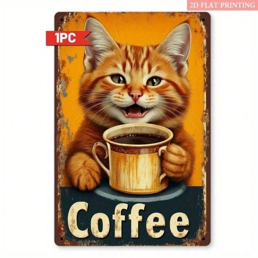 

Metal Wall Art Cat with Coffee for Living Room