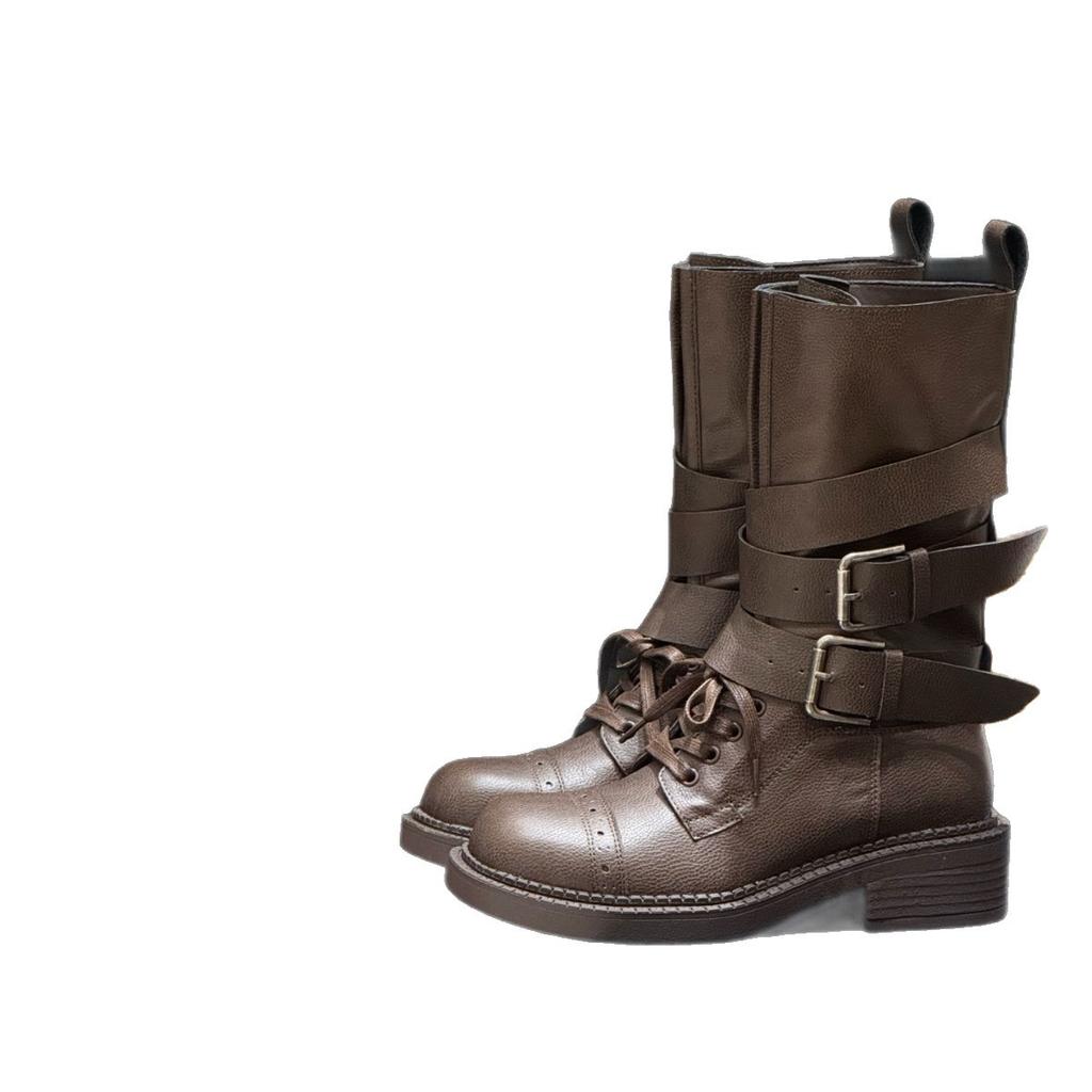 Cowhide Version~ Niche New Platform Knight Boots Leather Buckle Locomotive Boots Retro British Martin Boots Western Boots