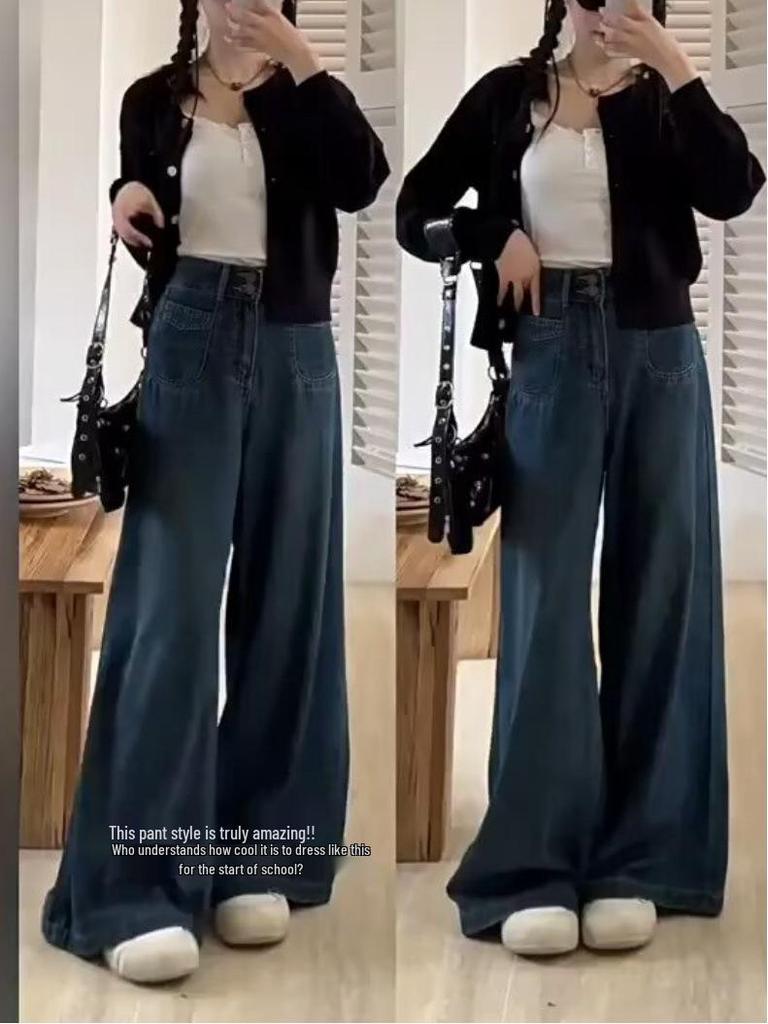 Women's Dark Blue High Waist Wide Leg Xintang Jeans - 2026 Slimming Plus Size Straight Pants