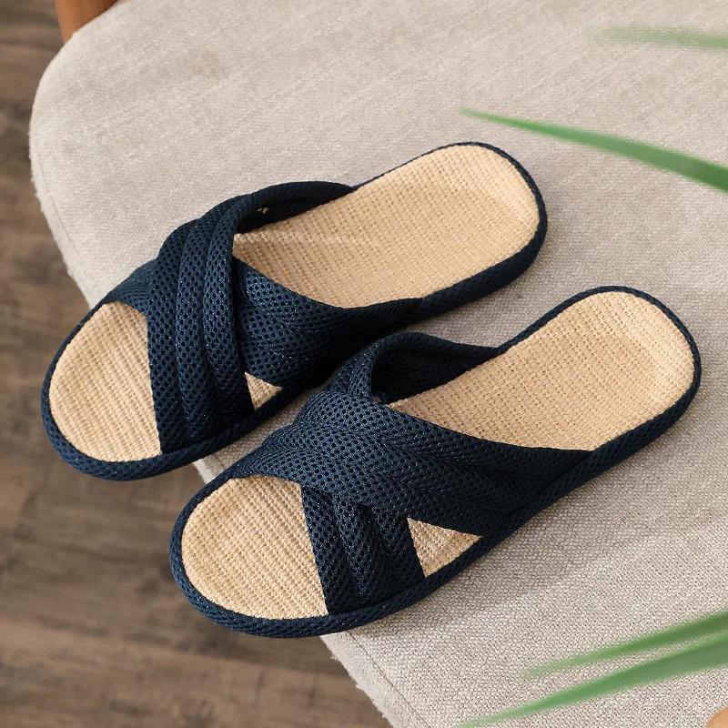 Fashion Women Home Floor Flax Slippers 2025 Spring Summer Shoes Breathable Fabric Anti-slip Couples Indoor Linen Slides House Footwear