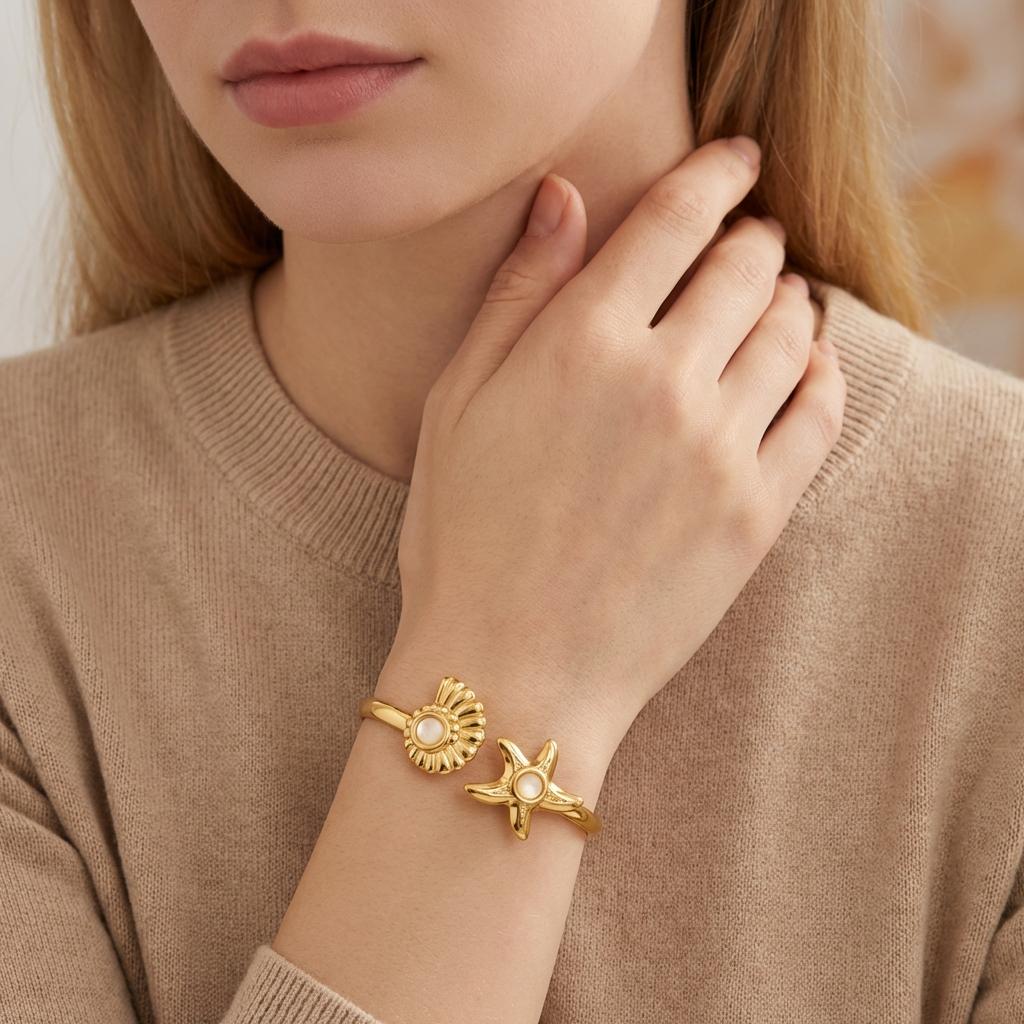 Summer Marine Elements Waterproof Cuff Bangles for Women Gold Color Starfish Shell Turtle Open Bangles Trendy Jewelry Gifts