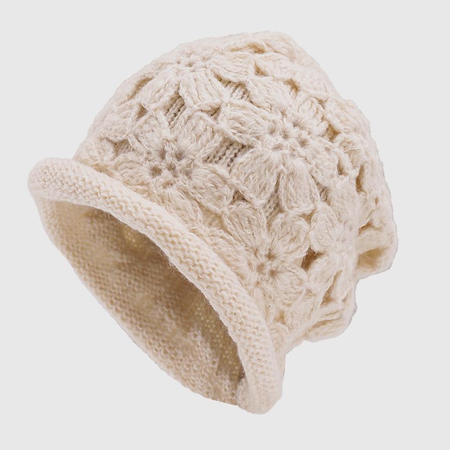 Handmade Double-Layer Crochet Wool Beanie with Roll-Up Brim for Women