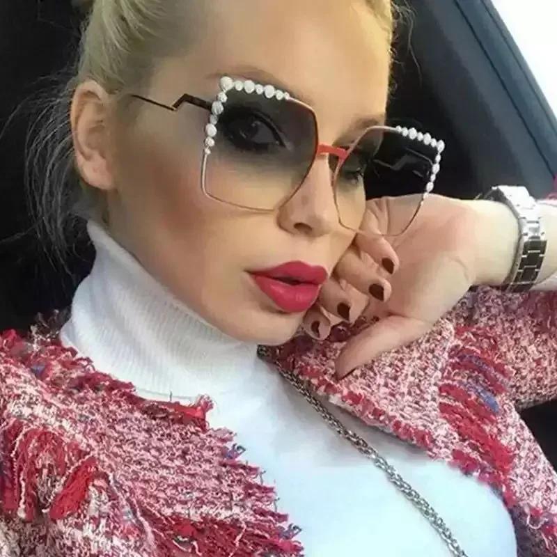 Oversized Square Sun Glasses Ladies  New Luxury Pearl Sunglasses Women Brand Designer Fashion Shades Big Frame Oculos