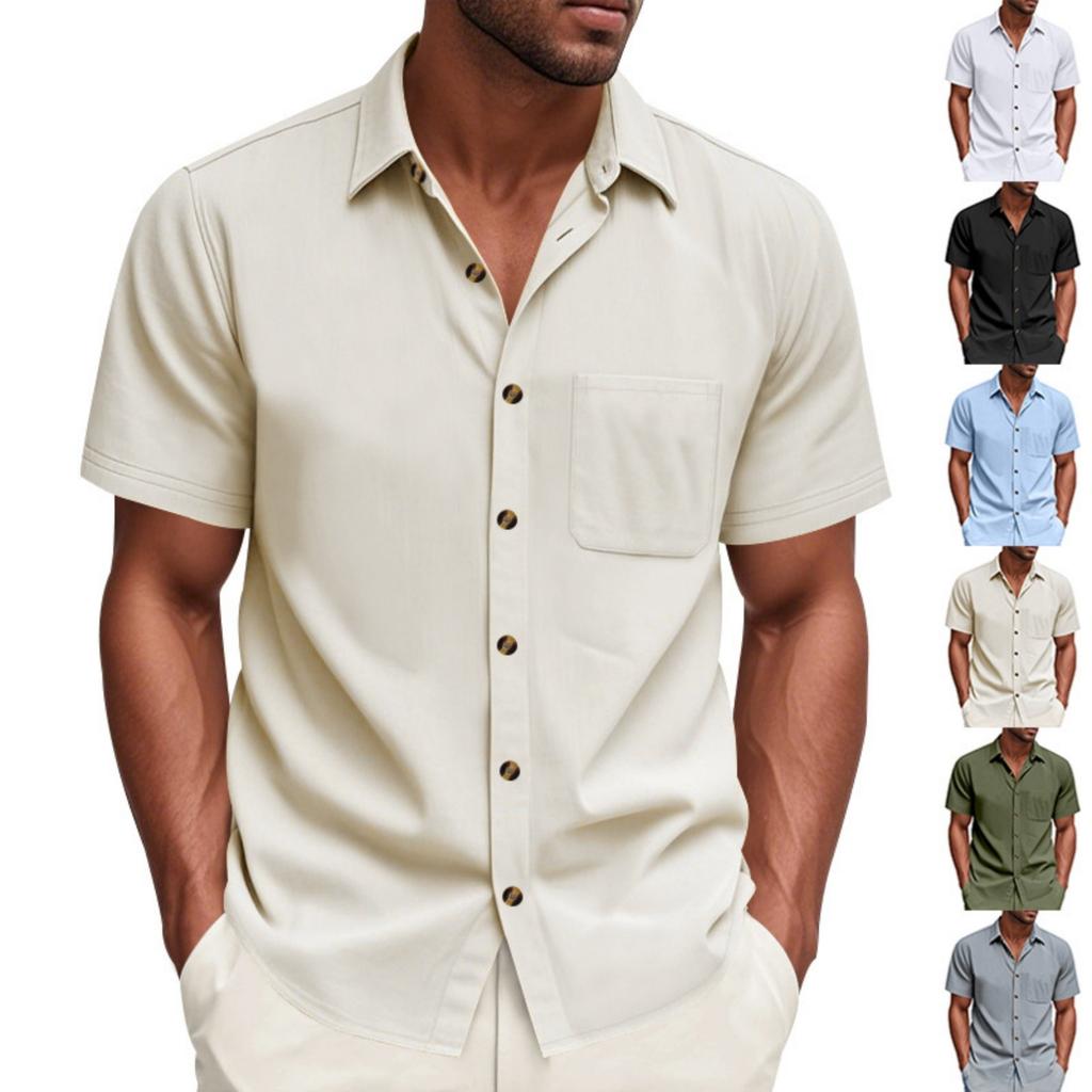 Men's Casual Business Short-Sleeve Shirt - Plus Size Collared Solid Color Pocket Button-Down Shirt