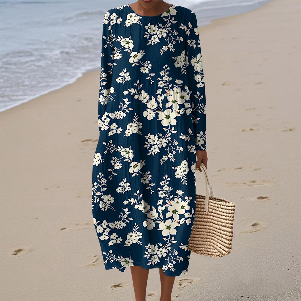 Women's Fashionable Casual Long-Sleeved Round Neck Floral Print Zipper Dress