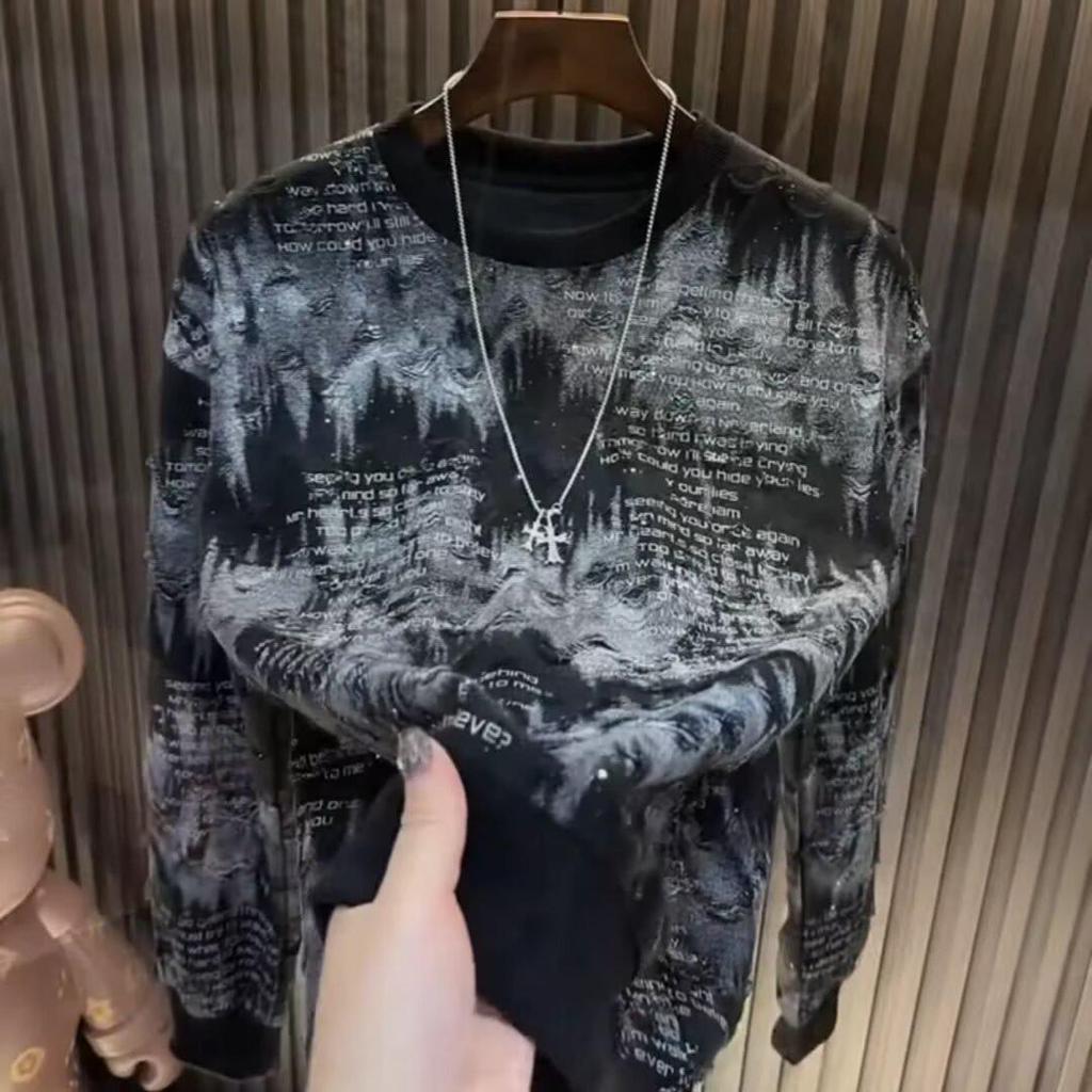 Trendiger Herren-Langarm-Hoodie 2025 mit Sternendesign, luxuriösem Rundhalsausschnitt und stylischen Ripped-Details