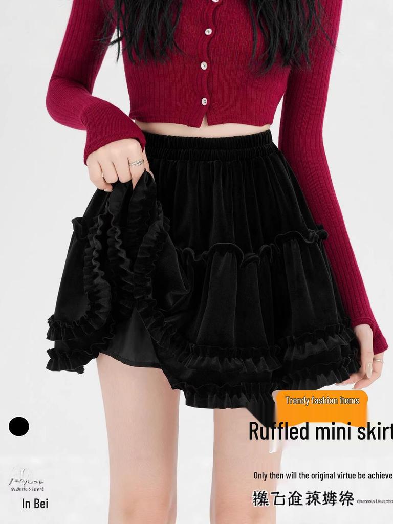 High-Waist Velvet A-Line Fluffy Skirt for Women - Autumn/Winter Collection