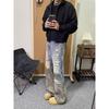 ROADVIBE Amerikanischer Retro Camouflage Patchwork Jeans Herren Zerrissenes Loch Katzenbart Weiter Bein Hosen Streetwear Trendige Gewaschene Denim Hosen
