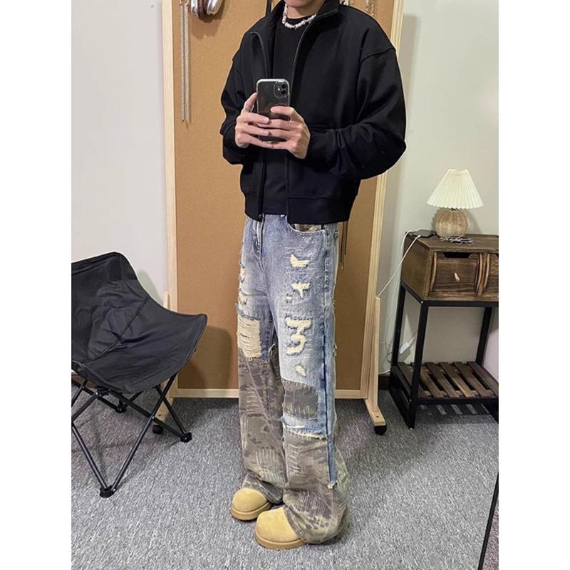 ROADVIBE Amerikanischer Retro Camouflage Patchwork Jeans Herren Zerrissenes Loch Katzenbart Weiter Bein Hosen Streetwear Trendige Gewaschene Denim Hosen