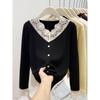 Design lace collar knitted bottoming shirt women's spring button-up top soft waxy sweater
